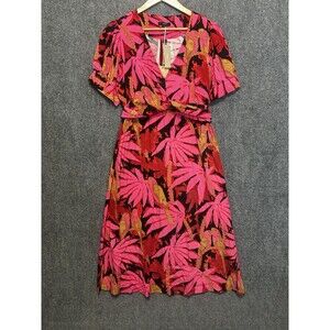 J. Crew Midi Dress Size 12  AP134 Pink Red Gold Palm Faux Wrap Tropical Resort